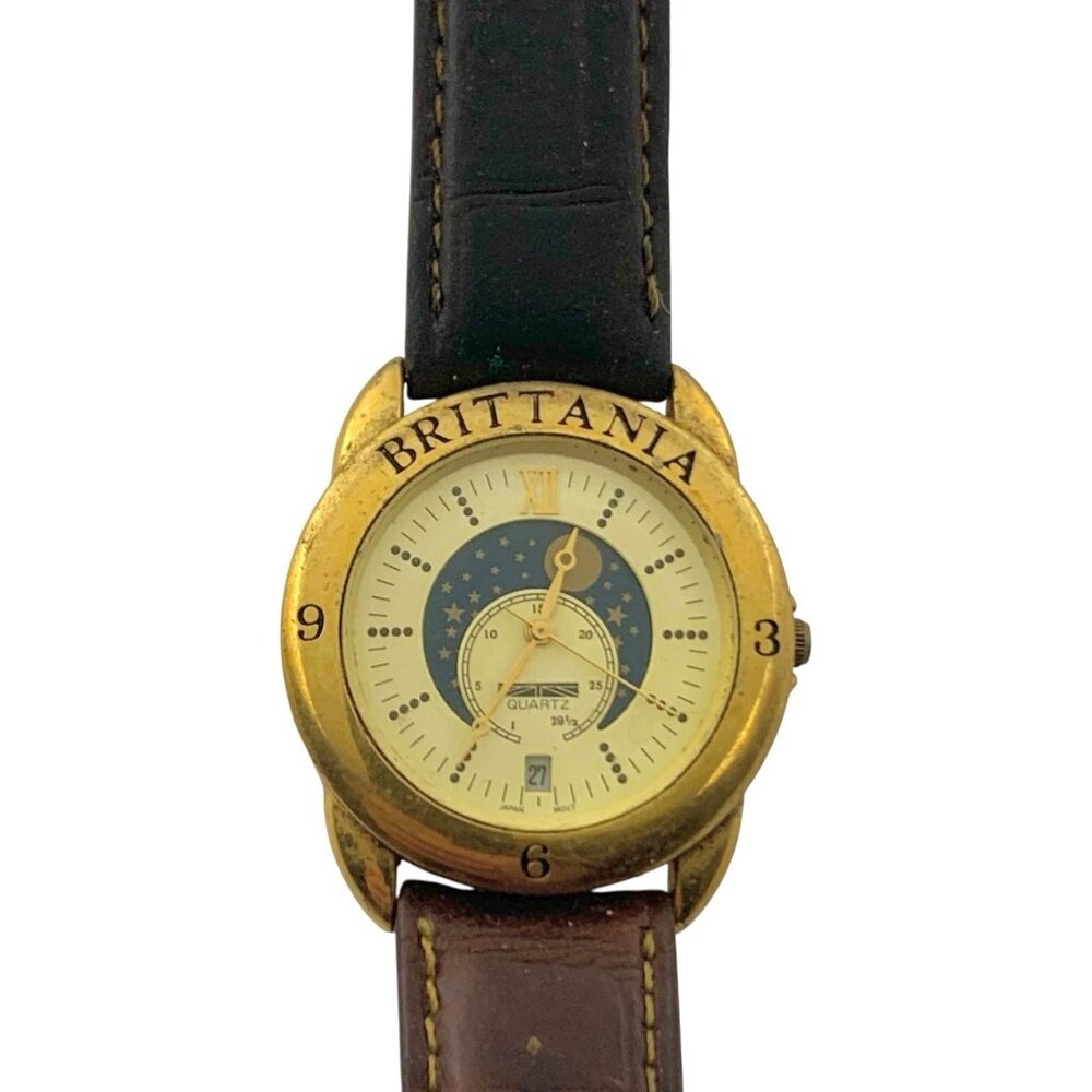 Watch Britania Moon phase 1990s Quartz True Leather Band Vintage Gift